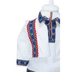 Costum popular pentru botez, alb-albastru cu motive traditionale, 4 piese, camasa, vesta, pantaloni, caciulita, pentru baieti, REC1188