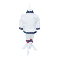 Costum popular pentru botez, alb-albastru cu motive traditionale, 4 piese, camasa, vesta, pantaloni, caciulita, pentru baieti, REC1188