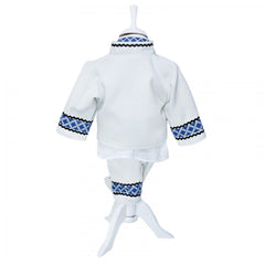 Costum popular pentru botez cu haina groasa din stofa, alb cu motive traditionale albastre, 5 piese, pentru baieti, REC1607