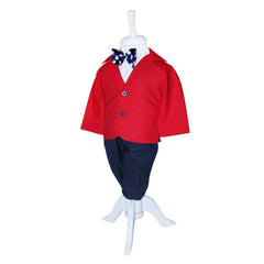 Costum Rosu-bleumarin pentru botez, 5 piese, camasa, papion, pantaloni cu bretele, sacou, bascuta pentru baieti, REC1143