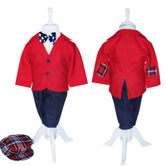 Costum Rosu-bleumarin pentru botez, 5 piese, camasa, papion, pantaloni cu bretele, sacou, bascuta pentru baieti, REC1143