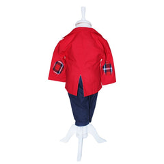 Costum Rosu-bleumarin pentru botez, 5 piese, camasa, papion, pantaloni cu bretele, sacou, bascuta pentru baieti, REC1143