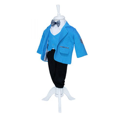 Costum turcoaz pentru botez, 5 piese, camasa cu vesta aplicata, papion, pantaloni, sacou, bascuta pentru baieti, REC846