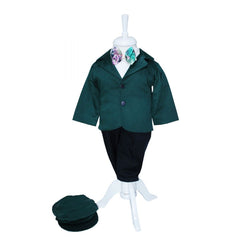 Costum Verde-bleumarin pentru botez, 5 piese, camasa, papion, pantaloni cu bretele, sacou, bascuta pentru baieti, REC1144