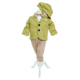 Costum verde olive din bumbac pentru botez, 5 piese, camasa, sacou, pantaloni, palarie si papion pentru baieti, REC2282