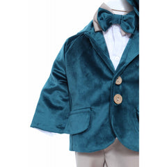 Costum verde smarald din catifea pentru botez de baieti, 5 piese, Recostore, REC2382