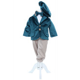 Costum verde smarald din catifea pentru botez de baieti, 5 piese, Recostore, REC2382