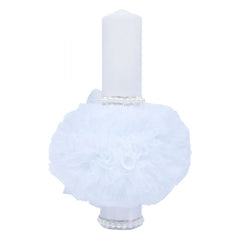 Lumanare alba pentru botez, cu bebe printesa imprimata, tulle alb si perle, 35x7 cm, REC75