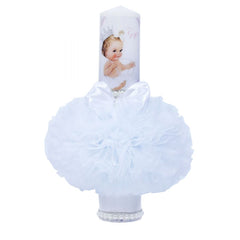 Lumanare alba pentru botez, cu bebe printesa imprimata, tulle alb si perle, 35x7 cm, REC75