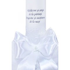 Lumanare alba �Radacini si aripi� pentru botez, cu tulle alb si funda, 35x5 cm, REC109