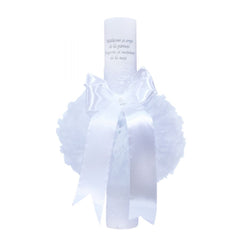 Lumanare alba �Radacini si aripi� pentru botez, cu tulle alb si funda, 35x5 cm, REC109
