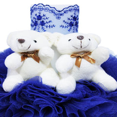 Lumanare albastra cu ursuleti pentru botez, tulle albastru si broderie, 20x7 cm, REC161