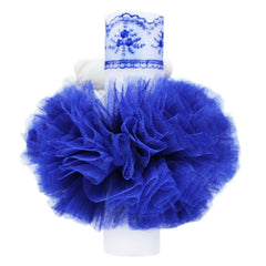 Lumanare albastra cu ursuleti pentru botez, tulle albastru si broderie, 20x7 cm, REC161