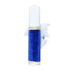 Lumanare albastra pentru botez, cu coroana de print imprimata si aplicatii din pene si banuti aurii, 40x7 cm, REC218