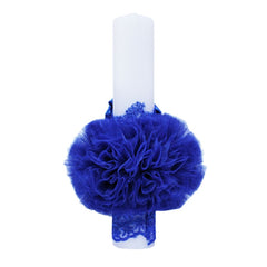 Lumanare albastru electric �Cu drag, de la Nasi� pentru botez, cu tulle albastru, broderie si funda, 40x7 cm, REC95