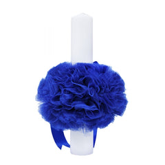 Lumanare albastru electric cu mesaj �Cu mult drag de la nasi� pentru botez, cu tulle albastru si funda, 30x5 cm, REC122