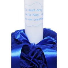 Lumanare albastru electric cu mesaj �Cu mult drag de la nasi� pentru botez, cu tulle albastru si funda, 30x5 cm, REC122