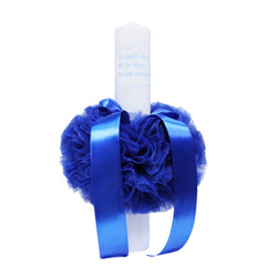 Lumanare albastru electric cu mesaj �Cu mult drag de la nasi� pentru botez, cu tulle albastru si funda, 30x5 cm, REC122