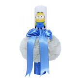 Lumanare bleu-crem pentru botez, cu Minion imprimat, tulle crem si funda cu buline, 40x7 cm, REC130