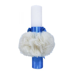 Lumanare bleu-crem pentru botez, cu Minion imprimat, tulle crem si funda cu buline, 40x7 cm, REC130