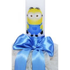 Lumanare bleu-crem pentru botez, cu Minion imprimat, tulle crem si funda cu buline, 40x7 cm, REC130