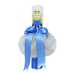 Lumanare bleu-crem pentru botez, cu Minion imprimat, tulle crem si funda cu buline, 40x7 cm, REC130
