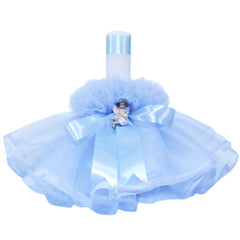 Lumanare bleu pentru botez, cu ingeras, volane din tulle bleu si fund, 30x5 cm, REC146