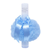 Lumanare bleu �Radacini si aripi� pentru botez, cu tulle bleu si funda, 35x5 cm, REC108