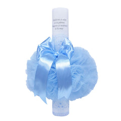 Lumanare bleu �Radacini si aripi� pentru botez, cu tulle bleu si funda, 35x5 cm, REC108