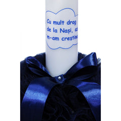 Lumanare bleumarin cu mesaj �Cu mult drag de la nasi� pentru botez, cu tulle bleumarin si funda, 30x5 cm, REC120