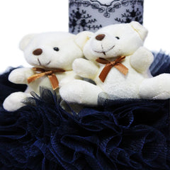 Lumanare bleumarin cu ursuleti pentru botez, tulle bleumarin si broderie, 20x7 cm, REC165