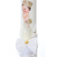 Lumanare botez accesorizata cu catifea alba si bebe print, 35 cm, Recostore, REC2176