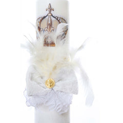 Lumanare botez accesorizata cu catifea alba si coroana, 35 cm, Recostore, REC2171