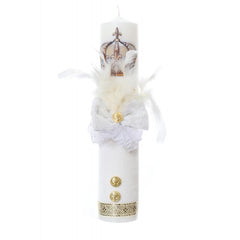 Lumanare botez accesorizata cu catifea alba si coroana, 35 cm, Recostore, REC2171