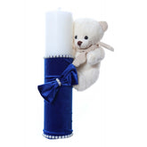 Lumanare botez accesorizata cu catifea albastru electric si ursulet de plus, 28 cm, Recostore, REC2166