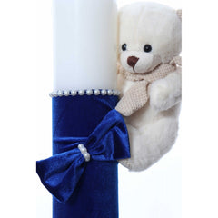 Lumanare botez accesorizata cu catifea albastru electric si ursulet de plus, 28 cm, Recostore, REC2166