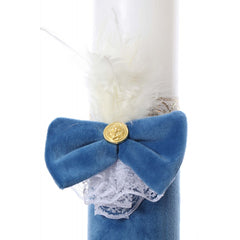 Lumanare botez accesorizata cu catifea bleu si papion tip fundita, 35 cm, Recostore, REC2178