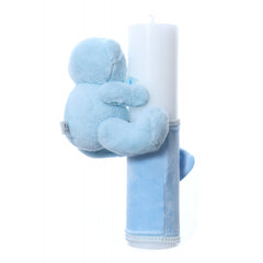 Lumanare botez accesorizata cu catifea bleu si ursulet de plus, 28 cm, Recostore, REC2169