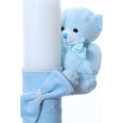 Lumanare botez accesorizata cu catifea bleu si ursulet de plus, 28 cm, Recostore, REC2169