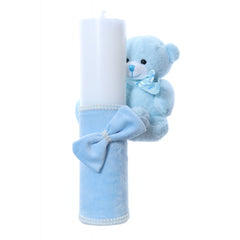 Lumanare botez accesorizata cu catifea bleu si ursulet de plus, 28 cm, Recostore, REC2169