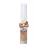 Lumanare botez accesorizata cu catifea crem si papion tip fundita, 35 cm, Recostore, REC2179