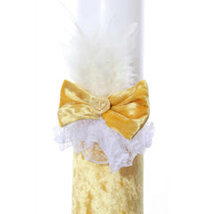 Lumanare botez accesorizata cu catifea galbena si papion tip fundita, 35 cm, Recostore, REC2180