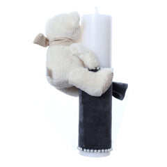 Lumanare botez accesorizata cu catifea gri si ursulet de plus, 28 cm, Recostore, REC2167