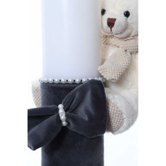 Lumanare botez accesorizata cu catifea gri si ursulet de plus, 28 cm, Recostore, REC2167