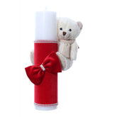 Lumanare botez accesorizata cu catifea rosie si ursulet de plus, 28 cm, Recostore, REC2163