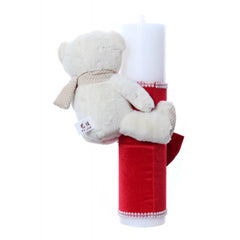 Lumanare botez accesorizata cu catifea rosie si ursulet de plus, 28 cm, Recostore, REC2163