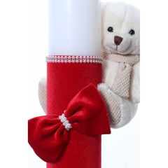 Lumanare botez accesorizata cu catifea rosie si ursulet de plus, 28 cm, Recostore, REC2163