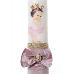 Lumanare botez accesorizata cu catifea roz pudrat si bebe printesa, 35 cm, Recostore, REC2175