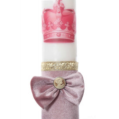 Lumanare botez accesorizata cu catifea roz pudrat si coroana, 35 cm, Recostore, REC2174