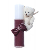 Lumanare botez accesorizata cu catifea roz pudrat si ursulet de plus, 28 cm, Recostore, REC2164